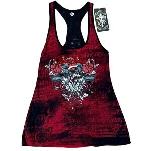 Rebel Saints NEW Womens Red Black Roses Guns Lace Racerback Tank Top NWT Large